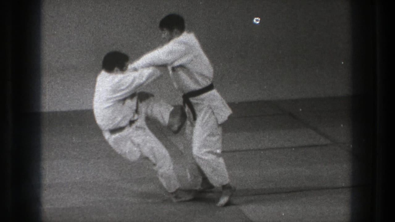 During the Tokyo judo demonstration, one man bends lower while his partner turns into the throw on the indoor mats.