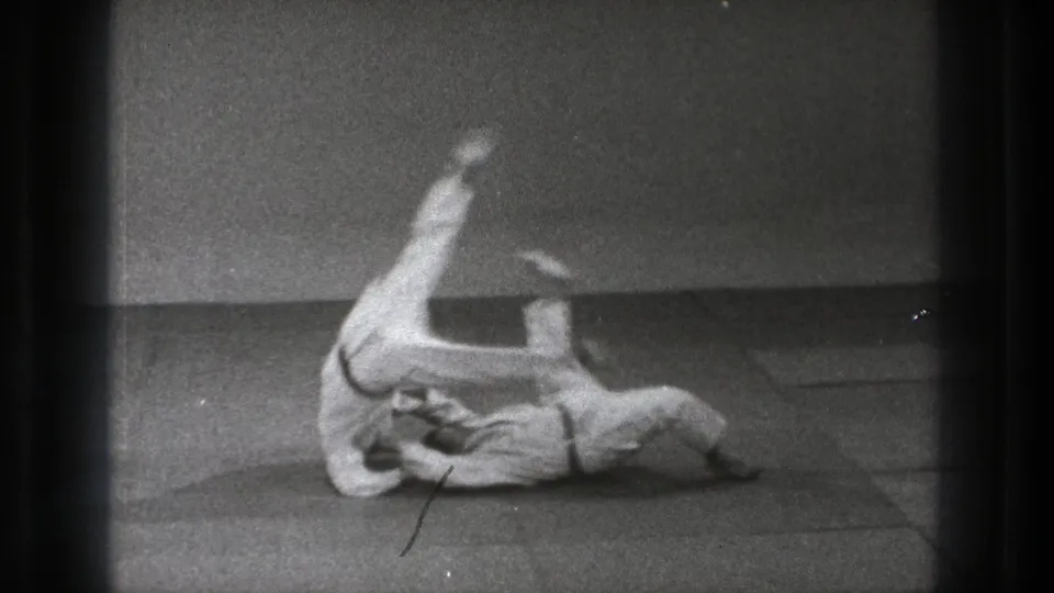 In the Tokyo martial arts demonstration, one practitioner is flipped over another, with legs raised during the throw.