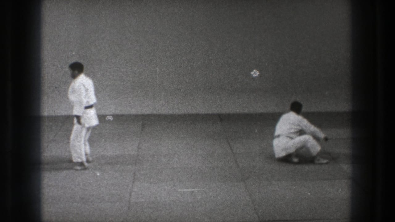 At the end of the demonstration, one practitioner stands in a white gi while the other sits on the mat in the sparse dojo space.