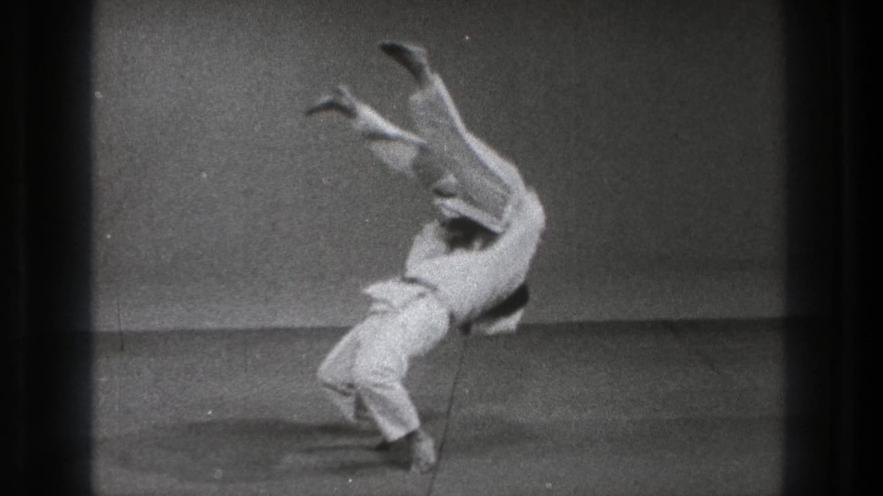 The martial arts throw reaches its finishing moment as one practitioner drops low while the other remains inverted in the frame.