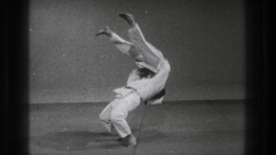 The martial arts throw reaches its finishing moment as one practitioner drops low while the other remains inverted in the frame.