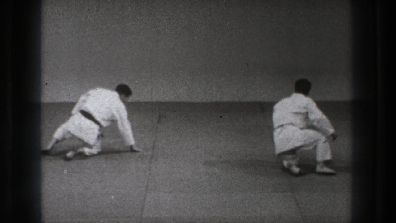 The two men move toward upright positions on the mat, with one kneeling and the other seated during the martial arts practice.