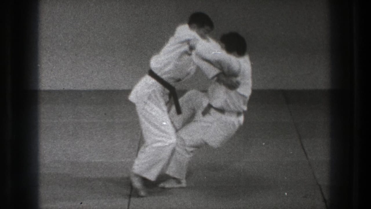 A black-belt practitioner lifts his partner during a throw.