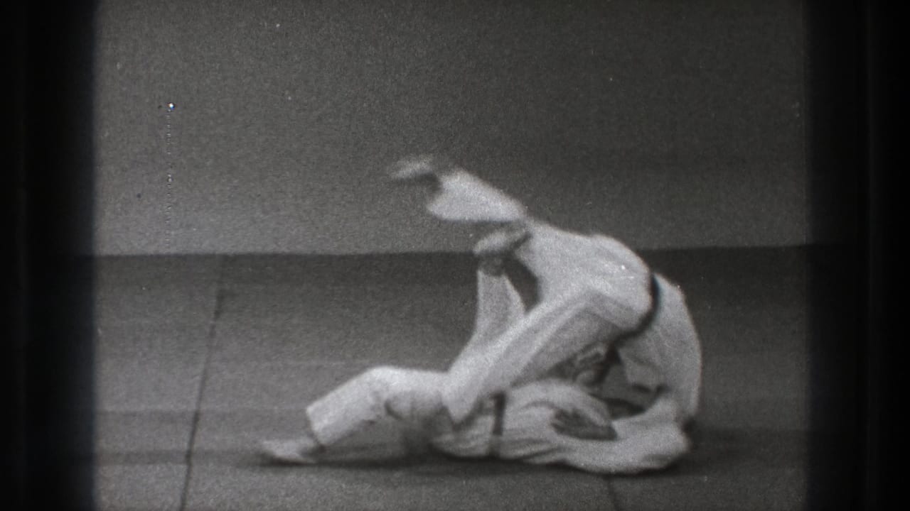 One judo practitioner throws another across the tatami mat.