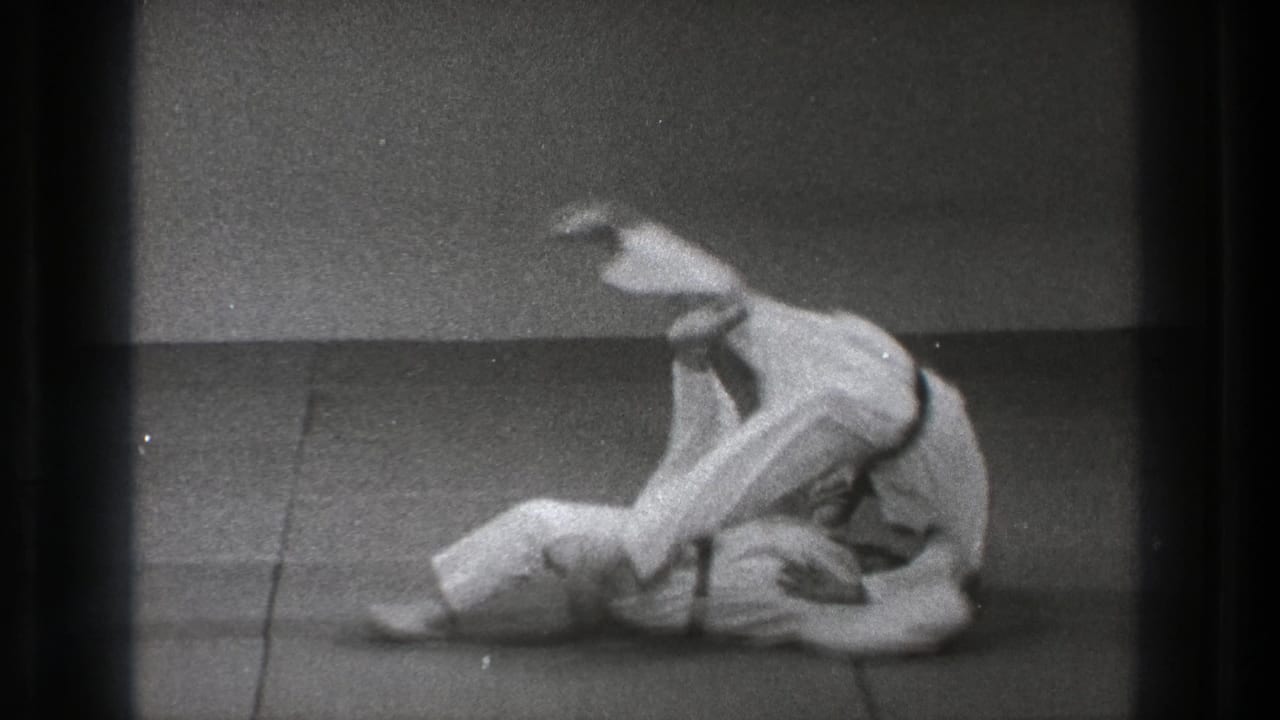 After the throw, one practitioner lies on the tatami while the other remains low and close in the dojo practice space.