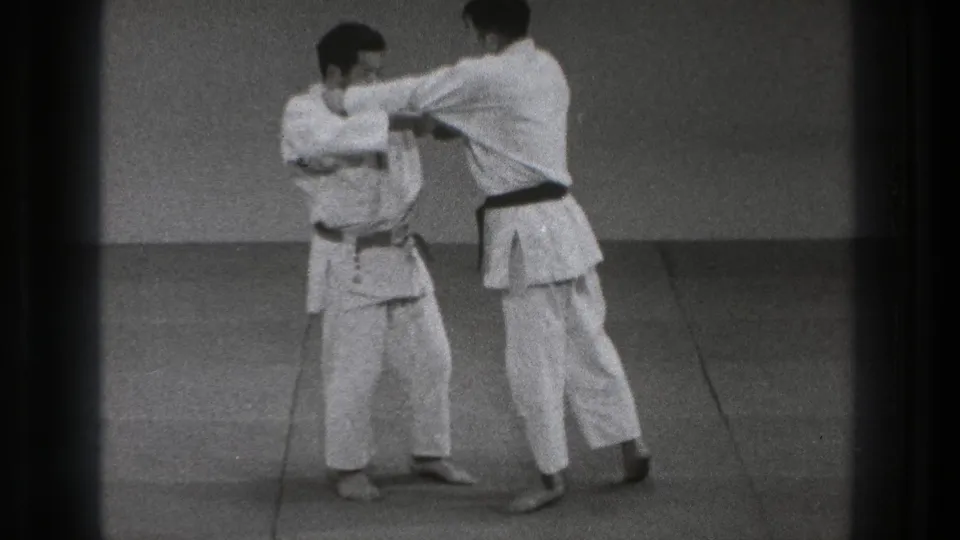 In the Tokyo 1971 dojo scene, one practitioner extends into a controlled judo movement while the other maintains balance.