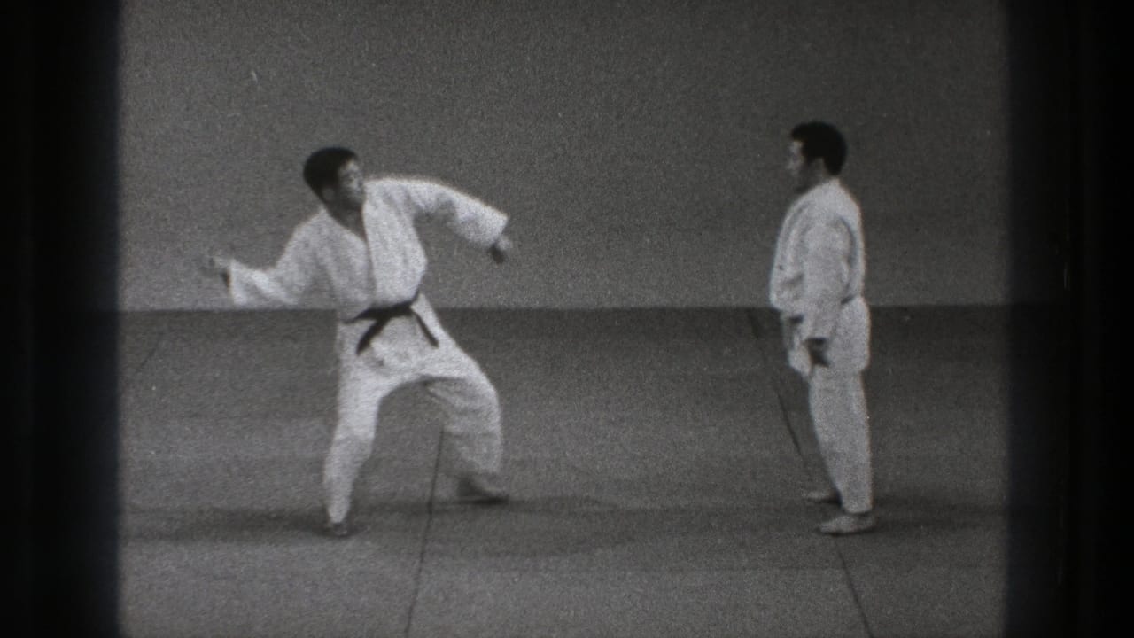 One uniformed man lowers into a preparatory stance as his partner stands nearby in the 1971 Tokyo indoor demonstration.