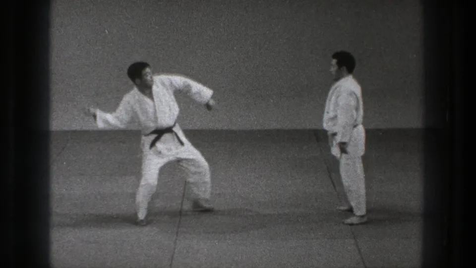 One uniformed man lowers into a preparatory stance as his partner stands nearby in the 1971 Tokyo indoor demonstration.