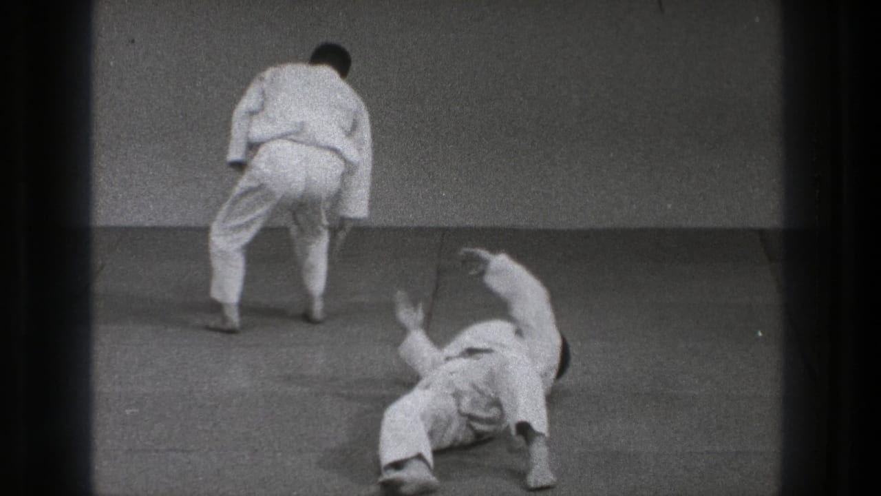 At the end of the visible technique, one practitioner stands on the mat while the other lies back after the throw in the Tokyo training room.