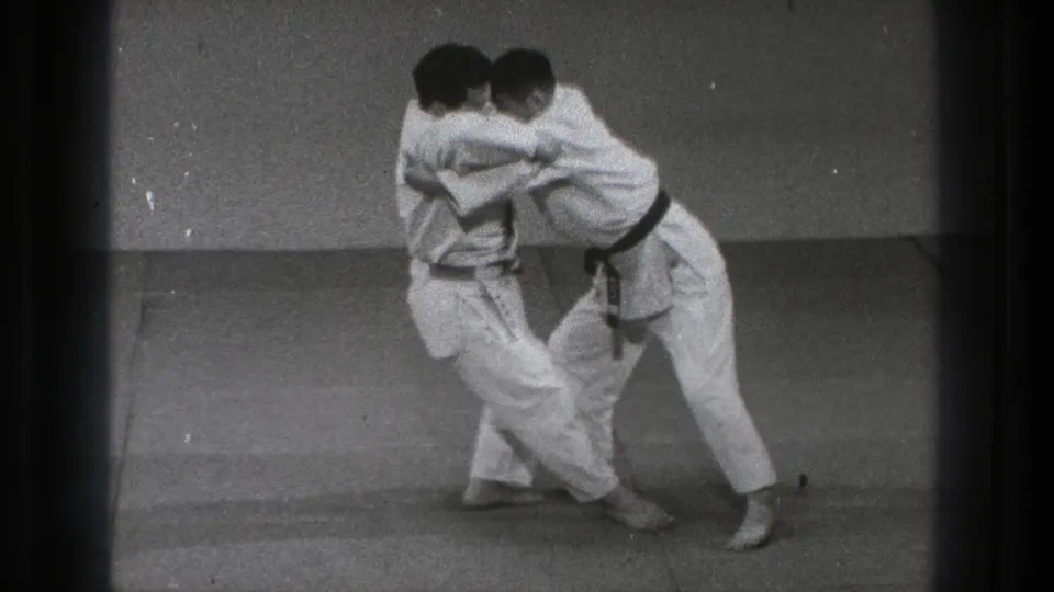 Near the end of the short sequence, one practitioner turns through the technique while the other remains held close on the matted floor.