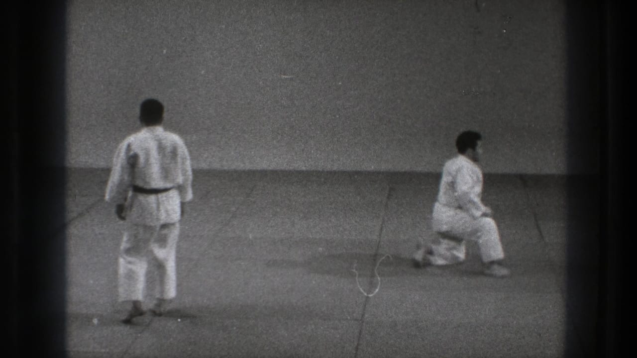 Two men in white karate gi on a matted dojo floor, one standing and one in a low stance.