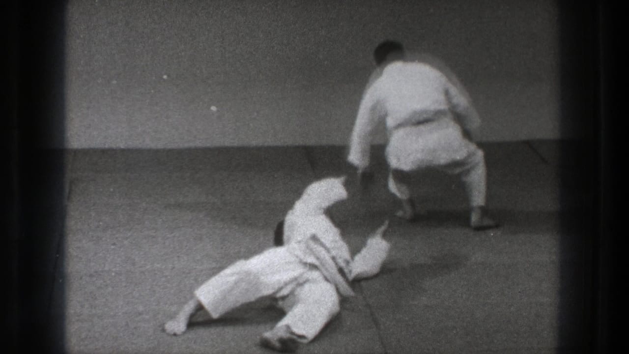 One martial artist lies on the mat while another crouches nearby.
