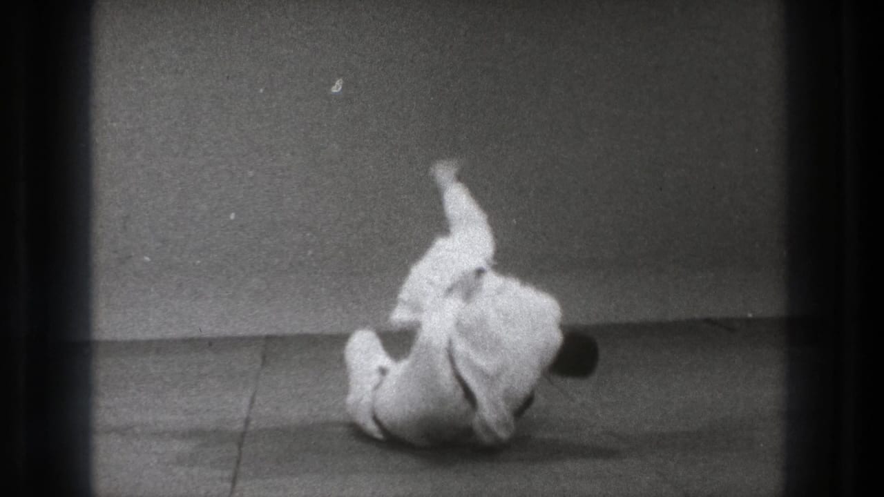 The sequence ends with one karate practitioner down on the mat and the other nearby after a controlled defensive throw.