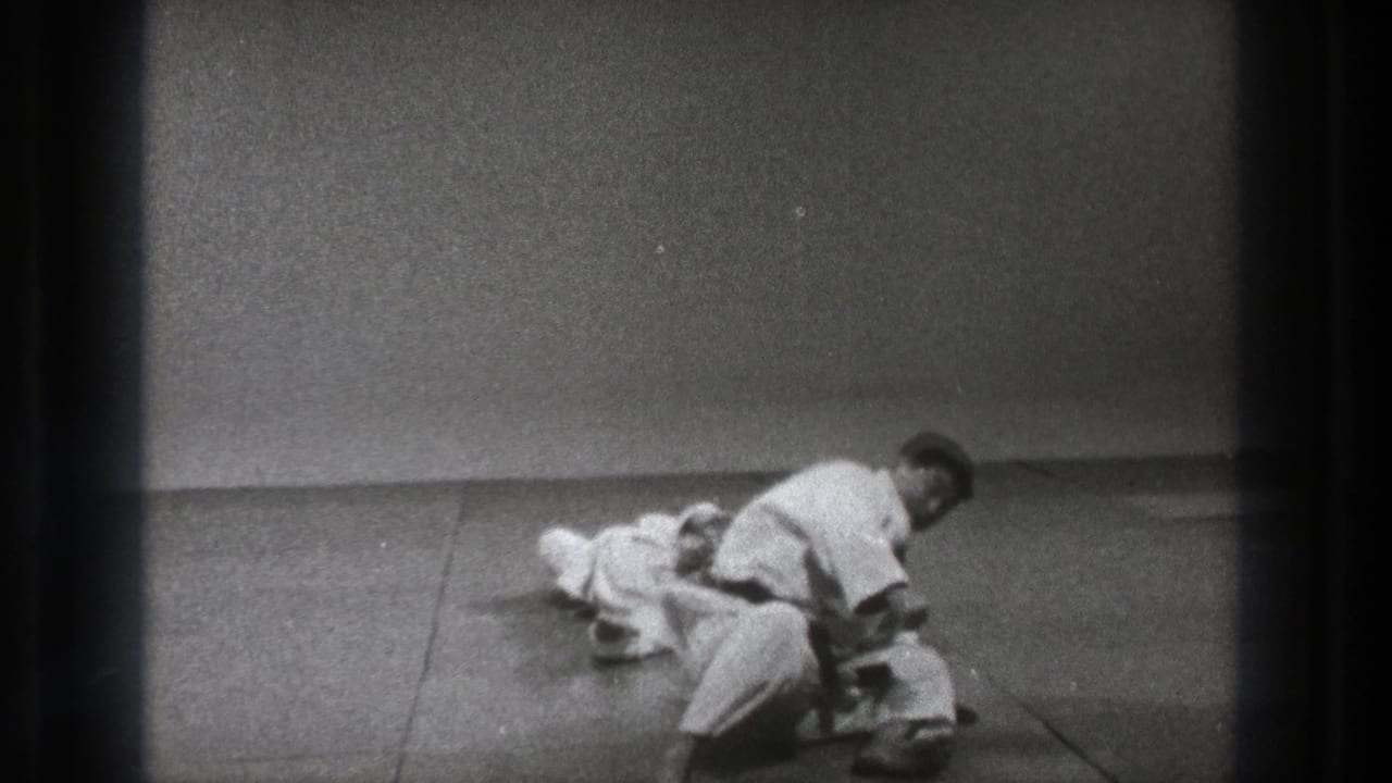 Two men in white martial arts uniforms grapple on floor mats.