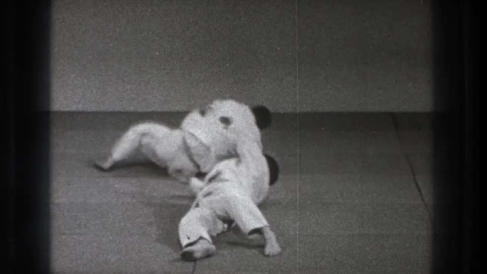 The throw resolves with both practitioners down on the mat, their white gi and limbs overlapping in the final landing position.