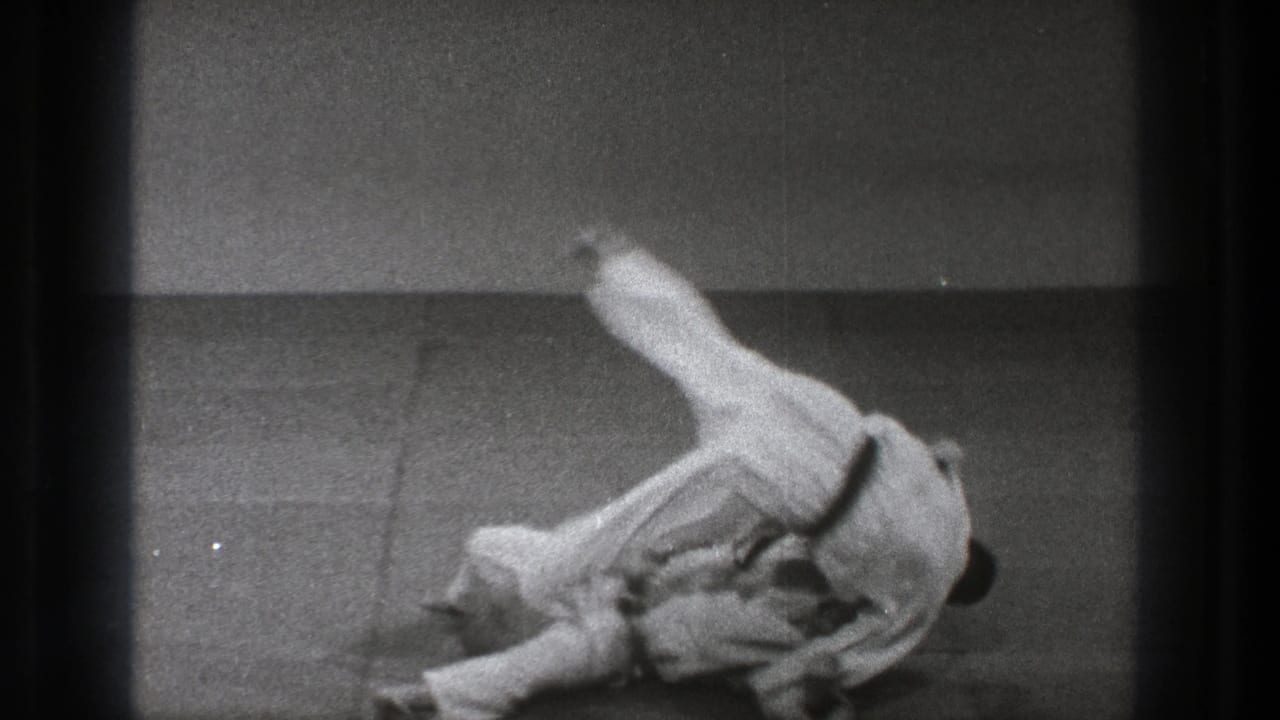 Two martial artists in white uniforms tumble on a mat during a throw.