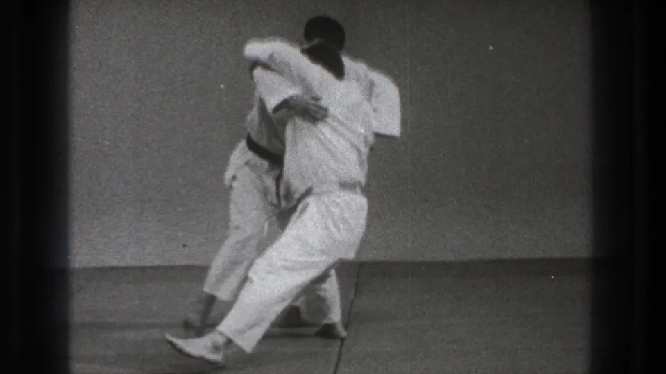 The side throw continues in the supported Tokyo setting, with one practitioner driving the movement as the other drops toward the mat.