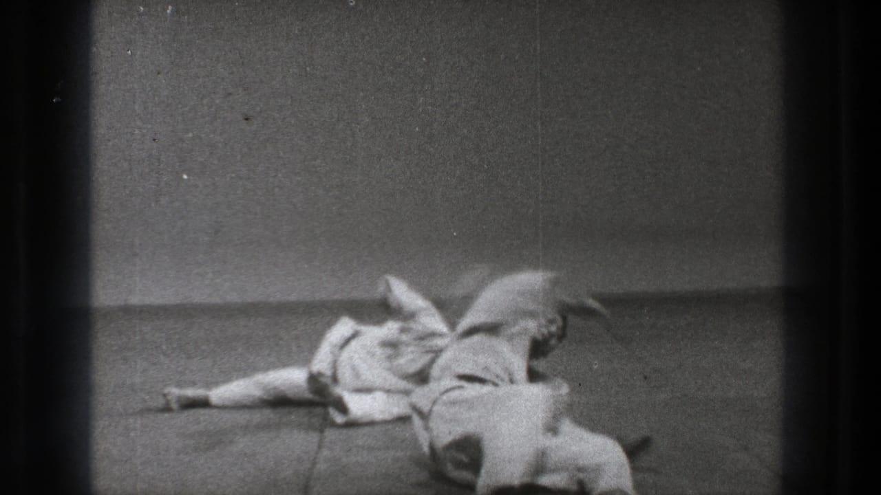 After the throw, one practitioner in a white gi is down on the mat, with the other partly visible at the edge of the frame.