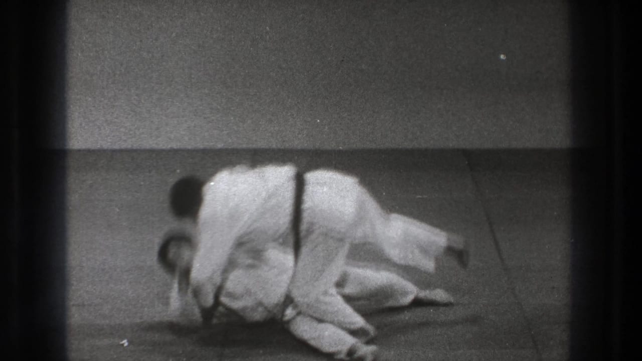 One uniformed martial artist takes his opponent down on a mat, with both bodies low during the throw sequence.