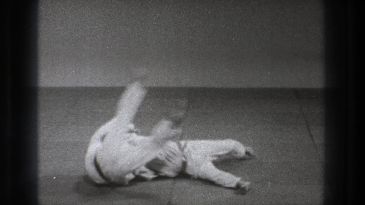 Both practitioners roll across the mat after impact, their white uniforms blurred by slow-motion movement and film grain.