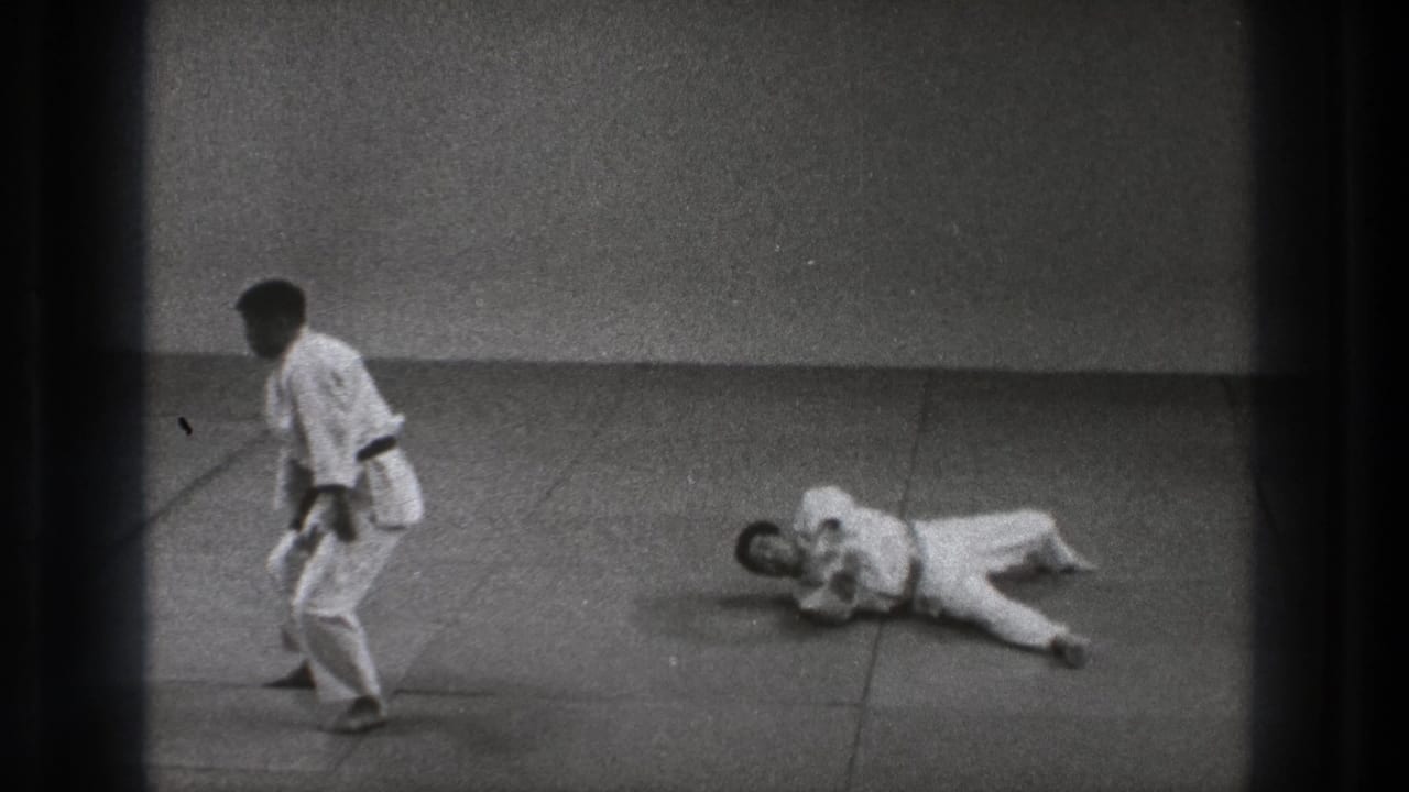Two martial arts practitioners on a mat, one standing while the other lies on his side.