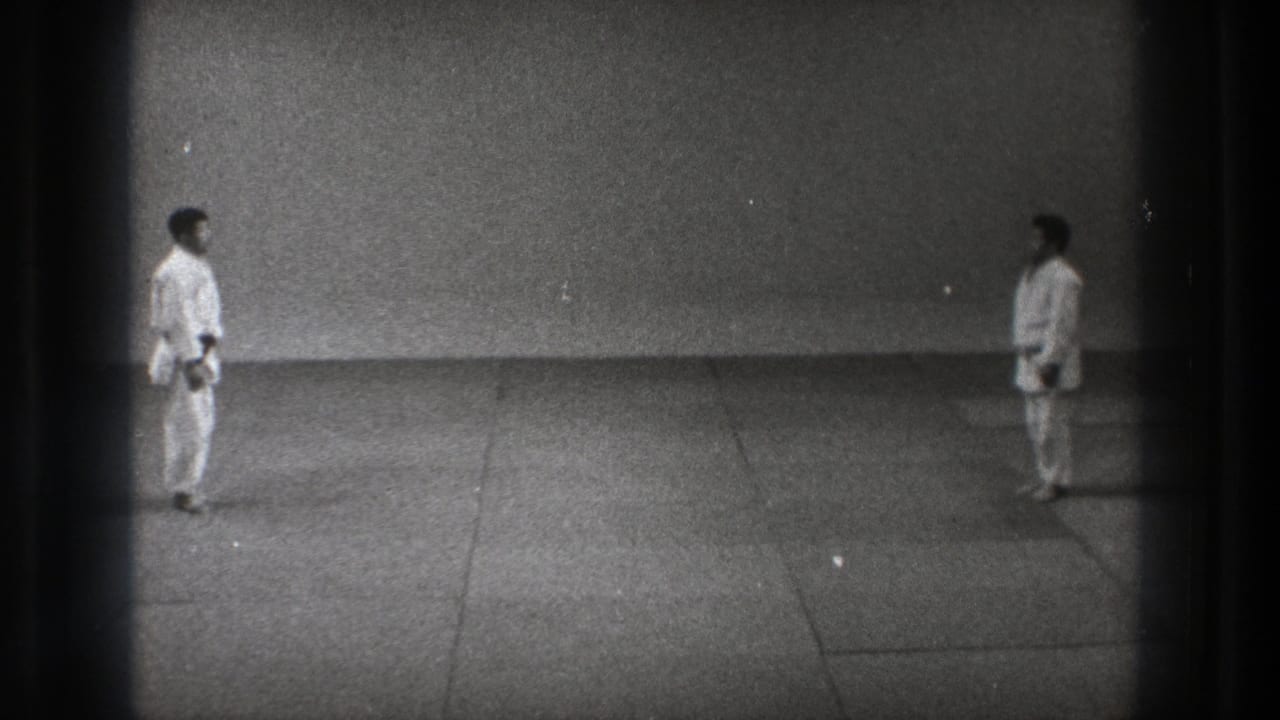 The practitioners stand apart in white gi and dark belts, facing each other in the 1971 Tokyo karate sequence.
