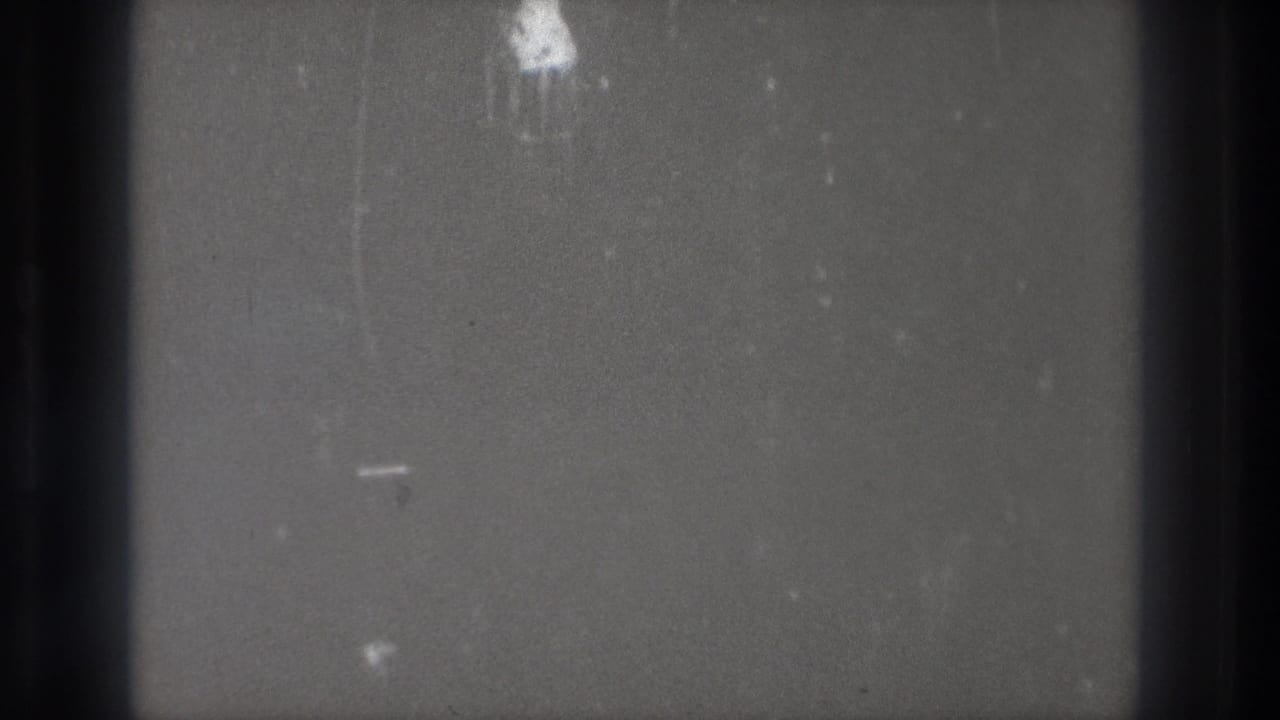 Gray blank 8mm film frame with dark vertical bars, dust specks, and fine scratches.