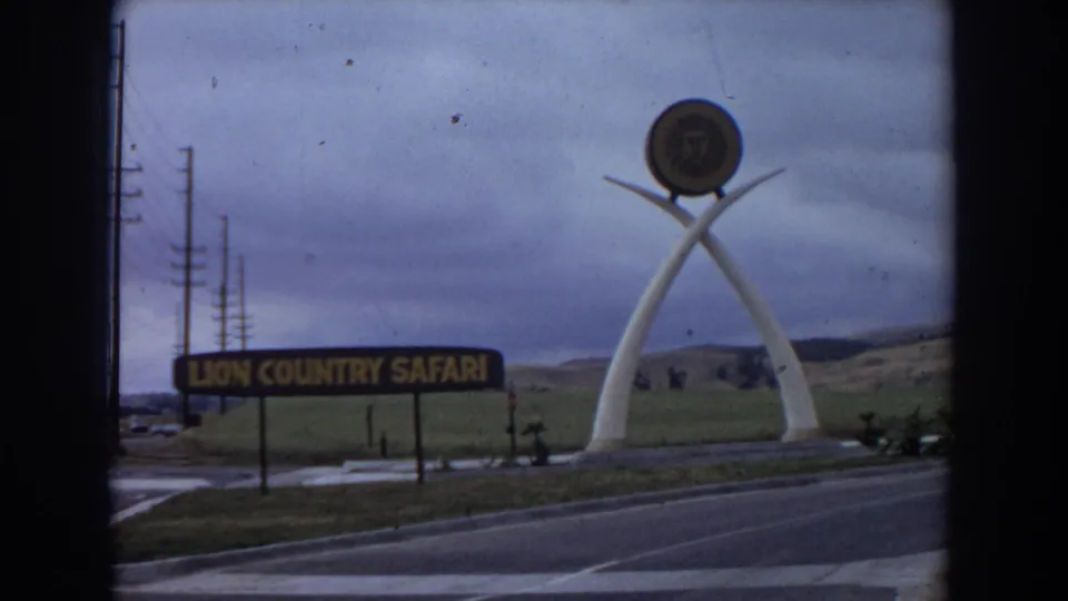 1974 Irvine footage shows the Lion Country Safari roadside sign, white arch sculpture, circular emblem, road edge, poles, and low hills.