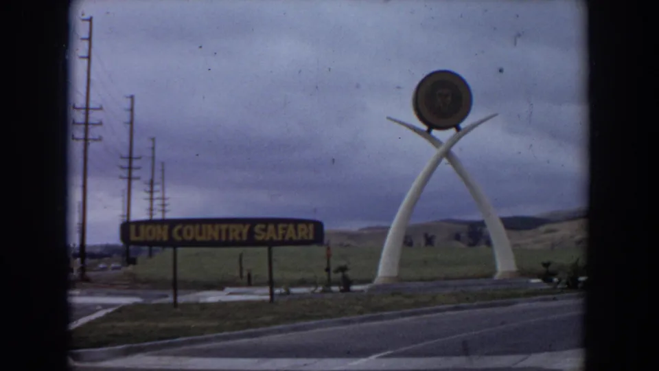 The 1974 8mm frame shows the Lion Country Safari sign in Irvine with the white arch sculpture, pavement markings, poles, and open hillside.