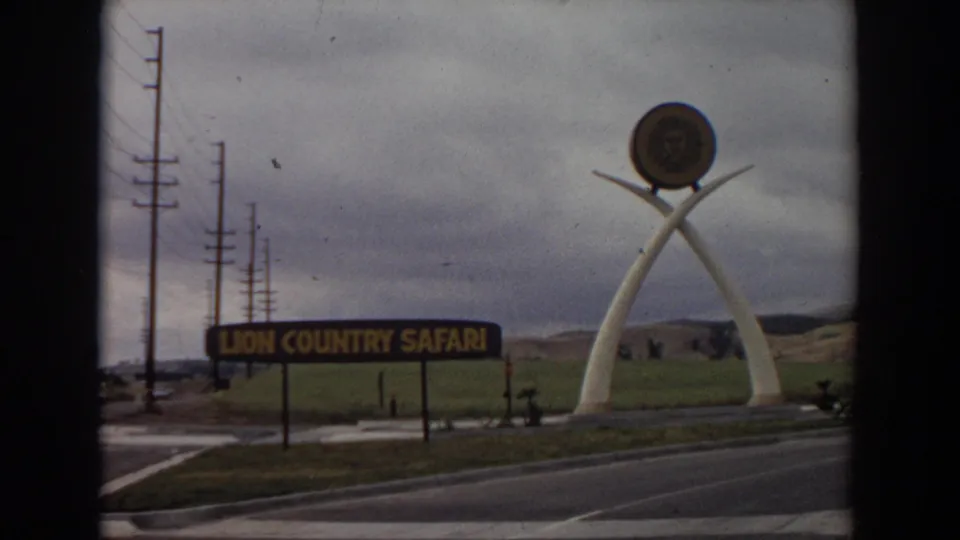 1974 Irvine, California home-movie frame holding on the Lion Country Safari sign, tusk-like white entrance form, roadside pavement, poles, and muted hillside under overcast light.