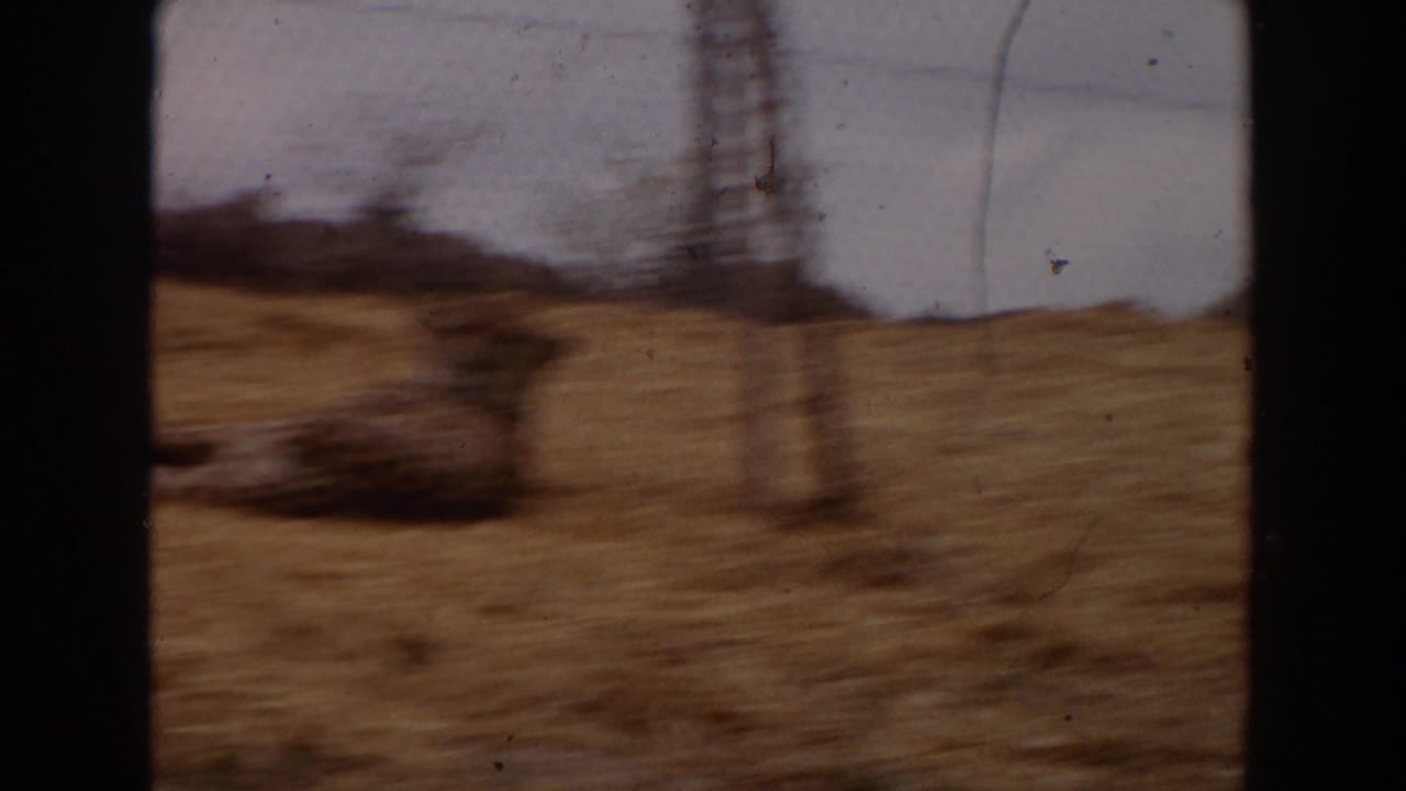 Blurred dry enclosure view with dark film edges and fencing in the distance.