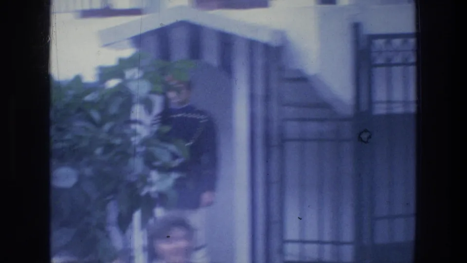 1976 Athens frame showing a uniformed guard beside the sentry box, with plants in front and architectural details behind.