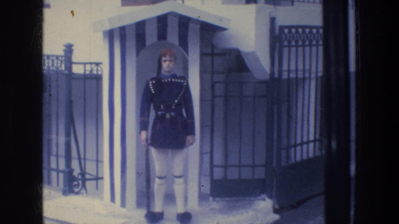 Uniformed guard standing at attention beside a striped sentry box and iron gate.