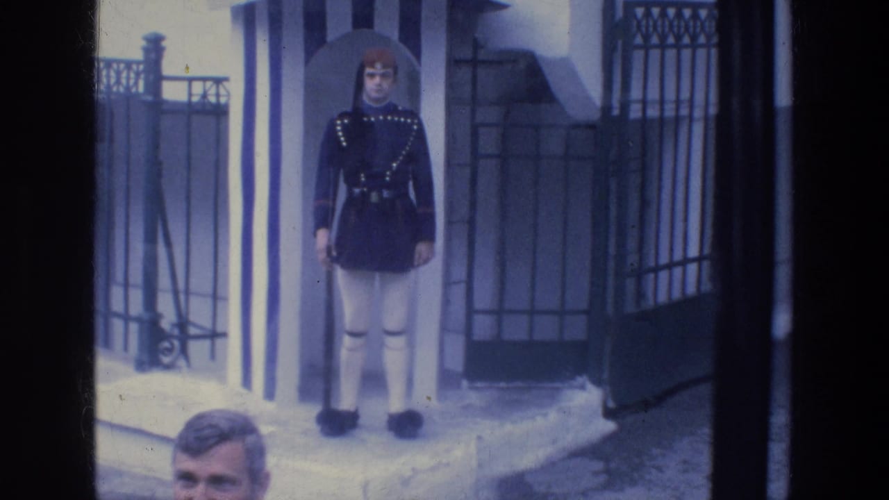 Guard at attention near the sentry box, with part of a man's head at the bottom edge.