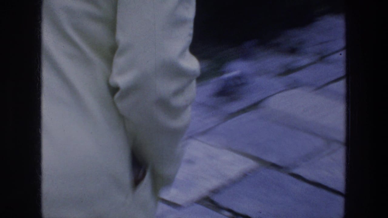Close view of pale trousers and a paved stone walkway near dark frame edges.
