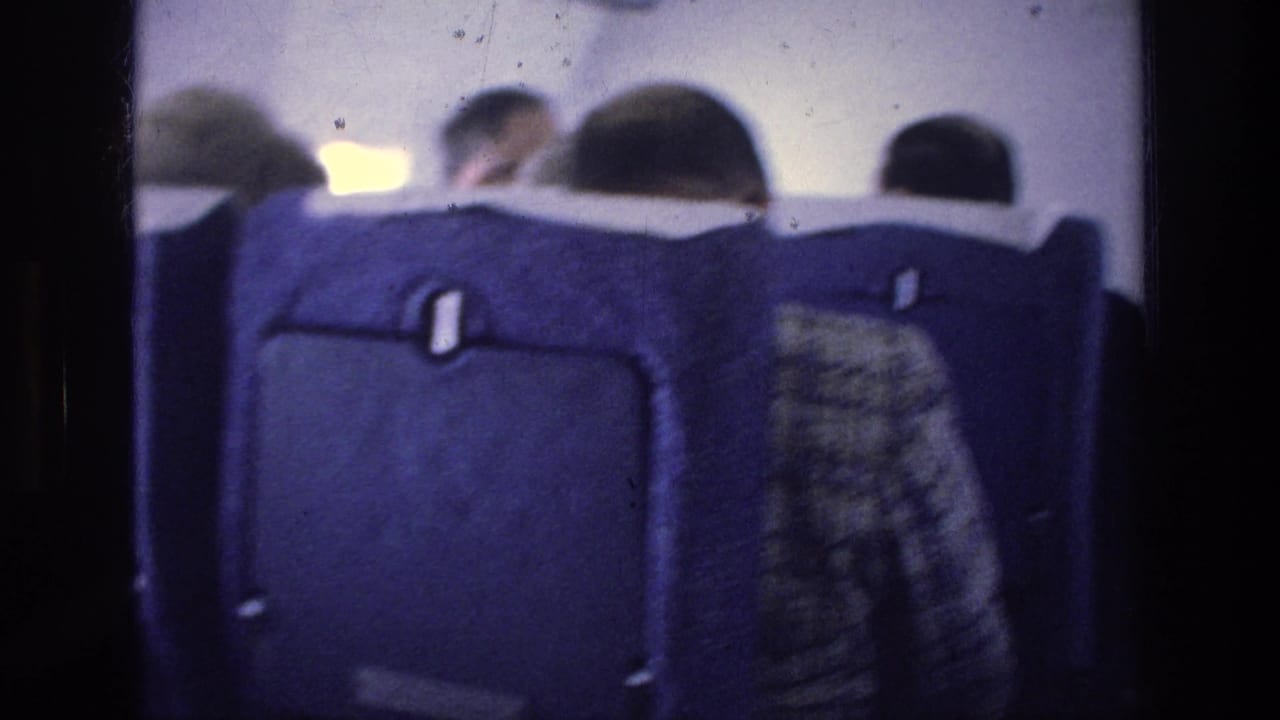 Blue airplane seat backs with passengers seated ahead.