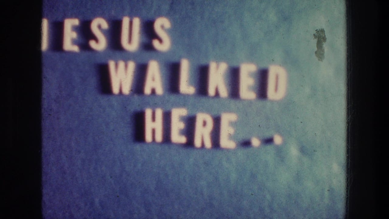 Clearer close-up of the words Jesus walked here on a blue background.