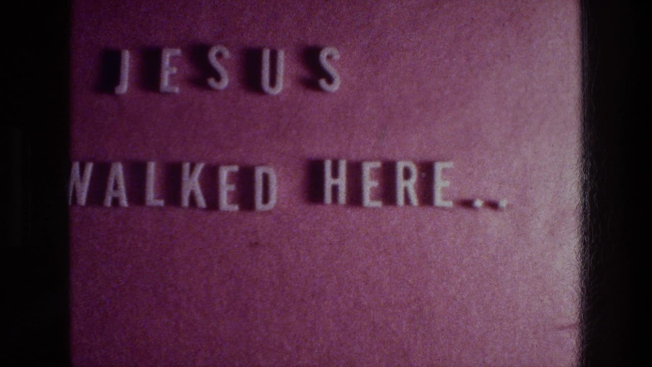 Red title card with white block letters reading JESUS WALKED HERE.