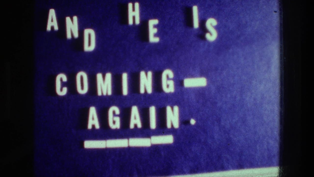Blue title card with white block letters reading AND HE IS COMING-AGAIN.