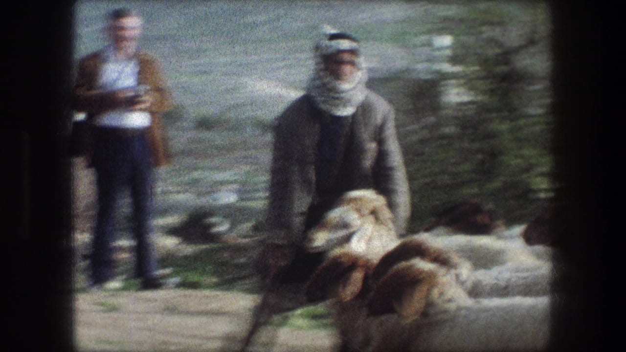 Shepherd in grey coat stands among white and brown sheep with another man behind him.