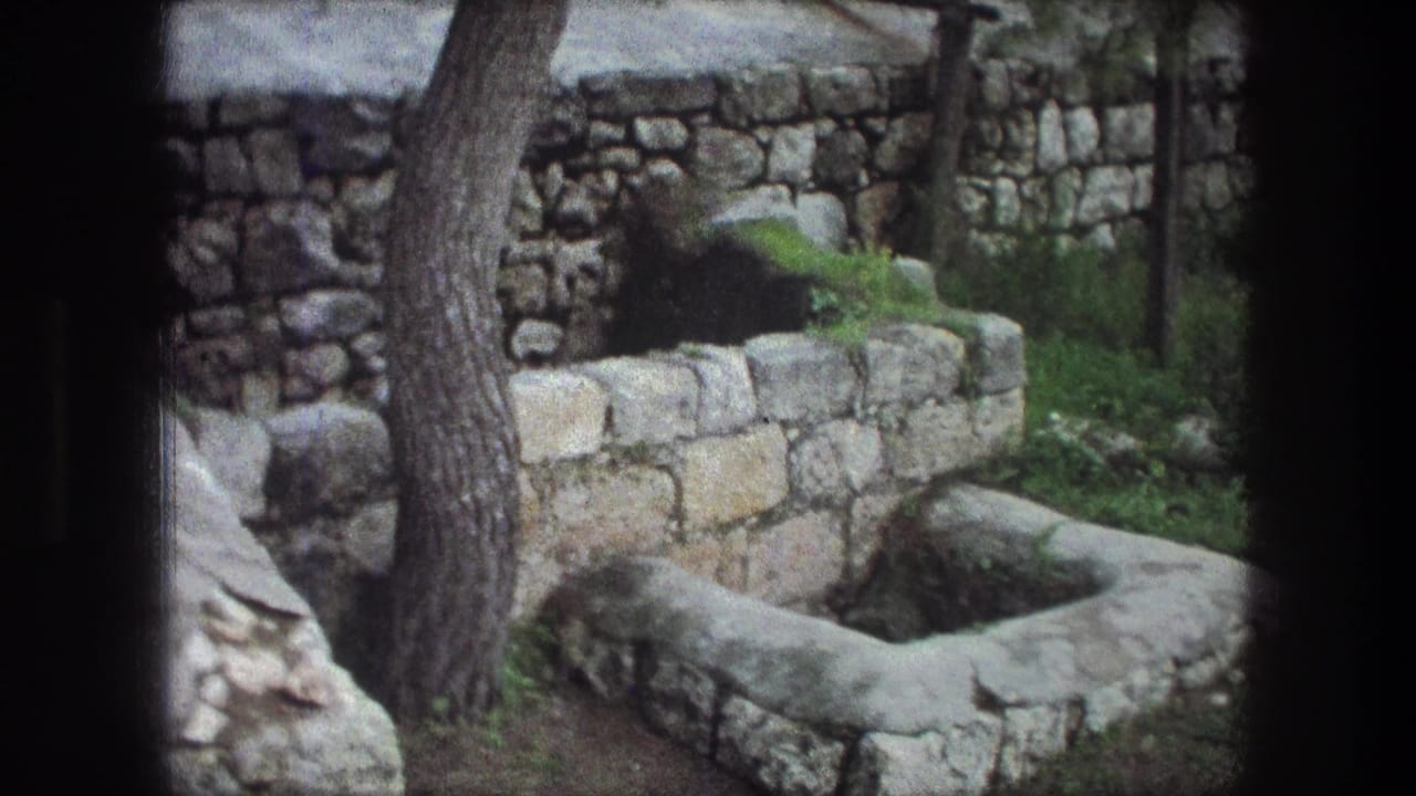 Stone basin or well beside rough stone walls, trees, grass, and dark 8mm film borders.