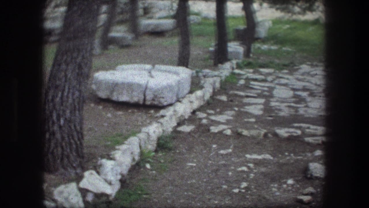 Visitor-shot 1976 Bethlehem view of a cobblestone path bordered by trees, grass, rough stones, and large carved blocks.