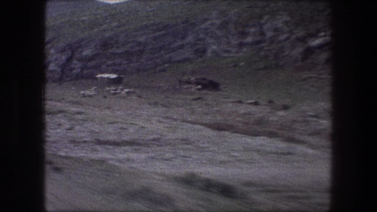 Rocky hillside seen through dark vehicle window framing.