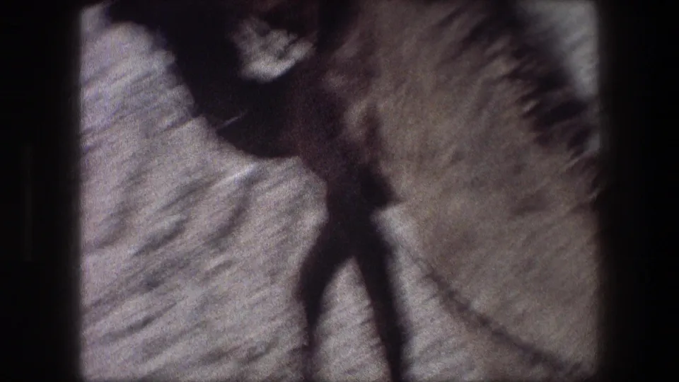 Grainy 1976 8mm Bethlehem-area frame showing a close partial camel-like form or object against sandy terrain.