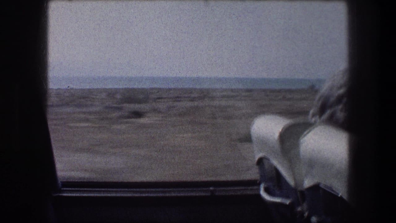 Coastal landscape seen through a vehicle window with a white seat back at right.