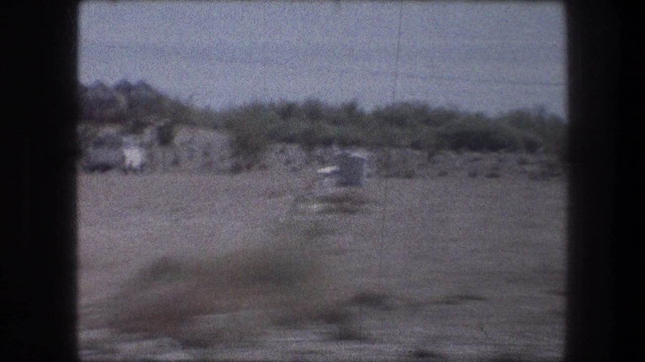 Open field with scrub and distant structures blurred by fast camera movement.
