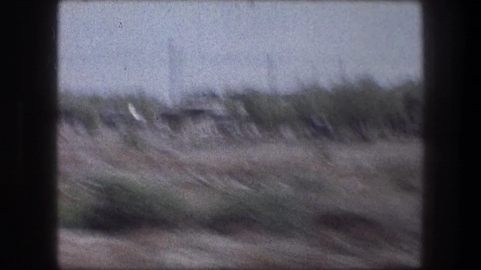 Moving 8mm view near Bethlehem with scrubby roadside plants, open ground, pale sky, and heavy motion blur.