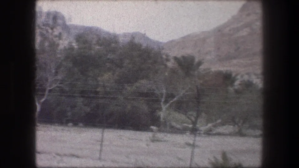 Bethlehem 1976 home-movie frame showing a fenced dry landscape with palms, utility lines, and rocky hills.