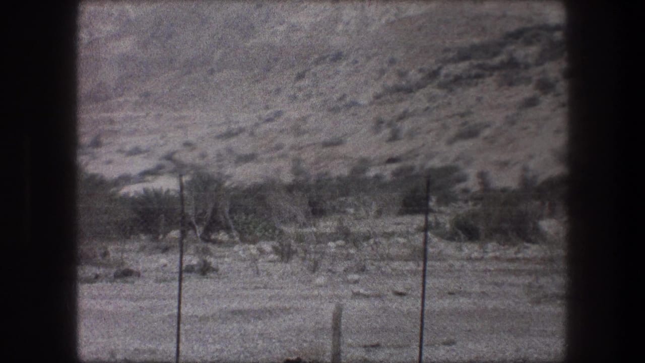 1976 Bethlehem-area home-movie frame with wire fencing, low brush and a pale rocky slope beyond the sandy foreground.