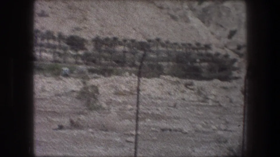 Soft 8mm frame of a Bethlehem-area rocky slope with distant palms or trees and a single foreground fence post.